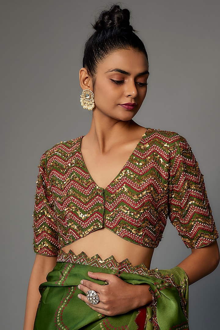 Olive Green Satin Silk Wedding Saree Set by Punit Balana at Pernia's Pop Up Shop