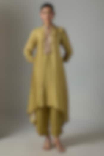 Dry Henna Green Satin Silk Marodi Embroidered Kurta Set by Punit Balana at Pernia's Pop Up Shop