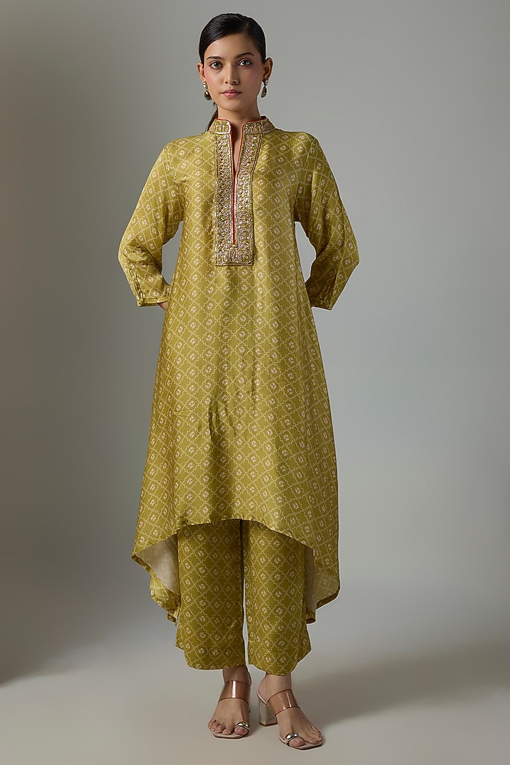 Dry Henna Green Satin Silk Marodi Embroidered Kurta Set by Punit Balana at Pernia's Pop Up Shop