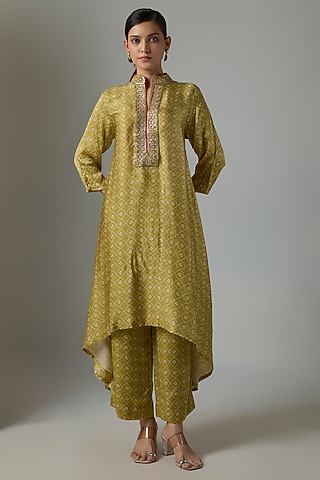 Dry Henna Green Satin Silk Marodi Embroidered Kurta Set by Punit Balana