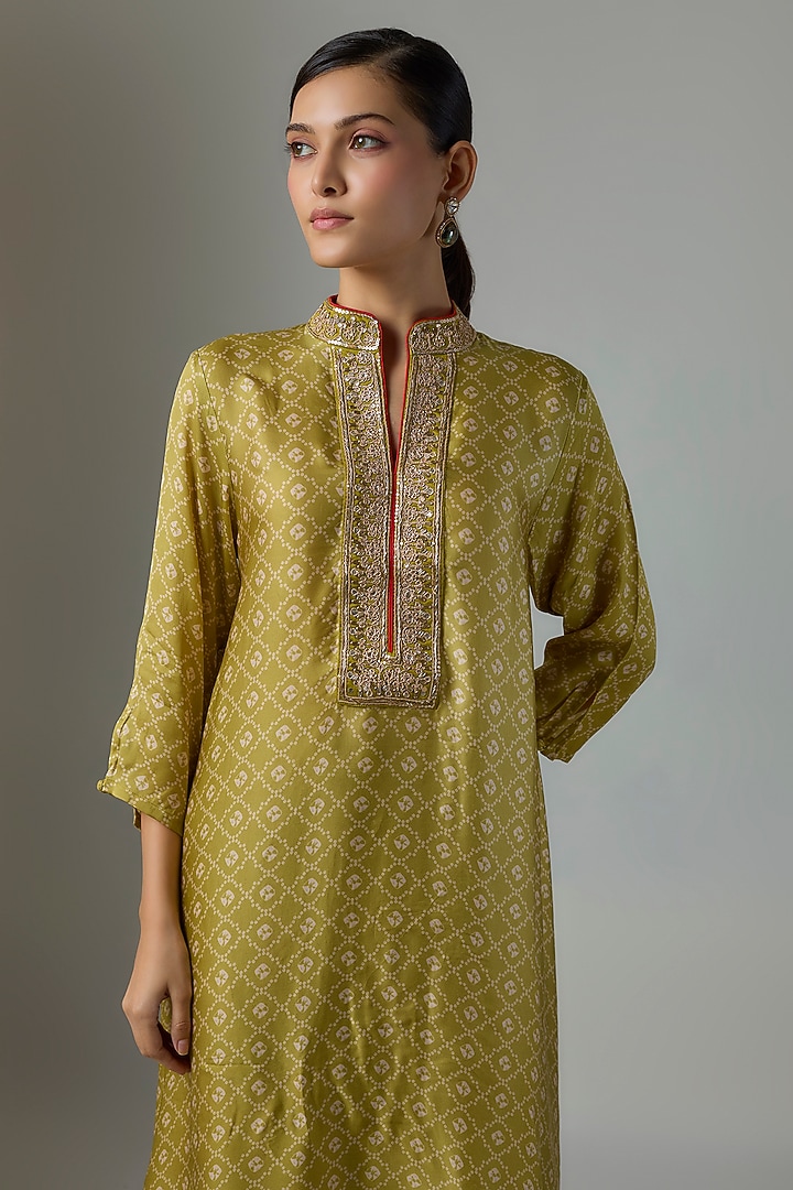 Dry Henna Green Satin Silk Marodi Embroidered Kurta Set by Punit Balana at Pernia's Pop Up Shop