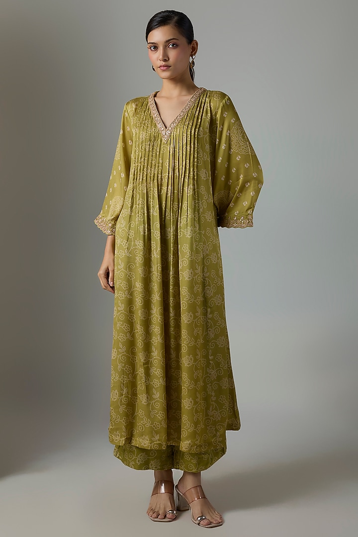 Dry Henna Green Satin Silk Marodi Embroidered Kurta Set by Punit Balana at Pernia's Pop Up Shop