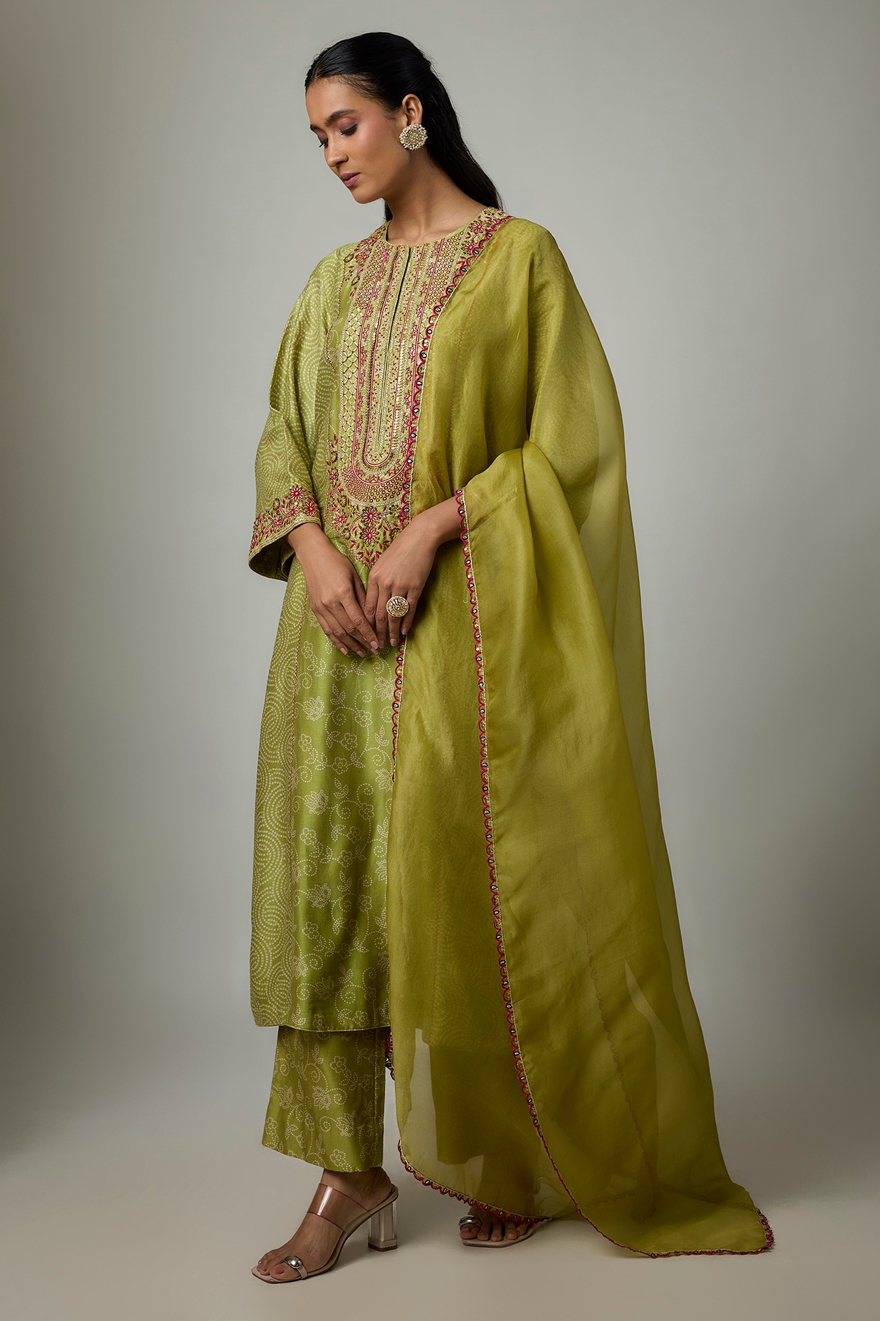 Punit Balana Heena Green Handloom Chanderi Bandhani Printed Kurta Set