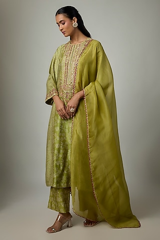 Heena Green Handloom Chanderi Bandhani Printed Kurta Set by Punit Balana