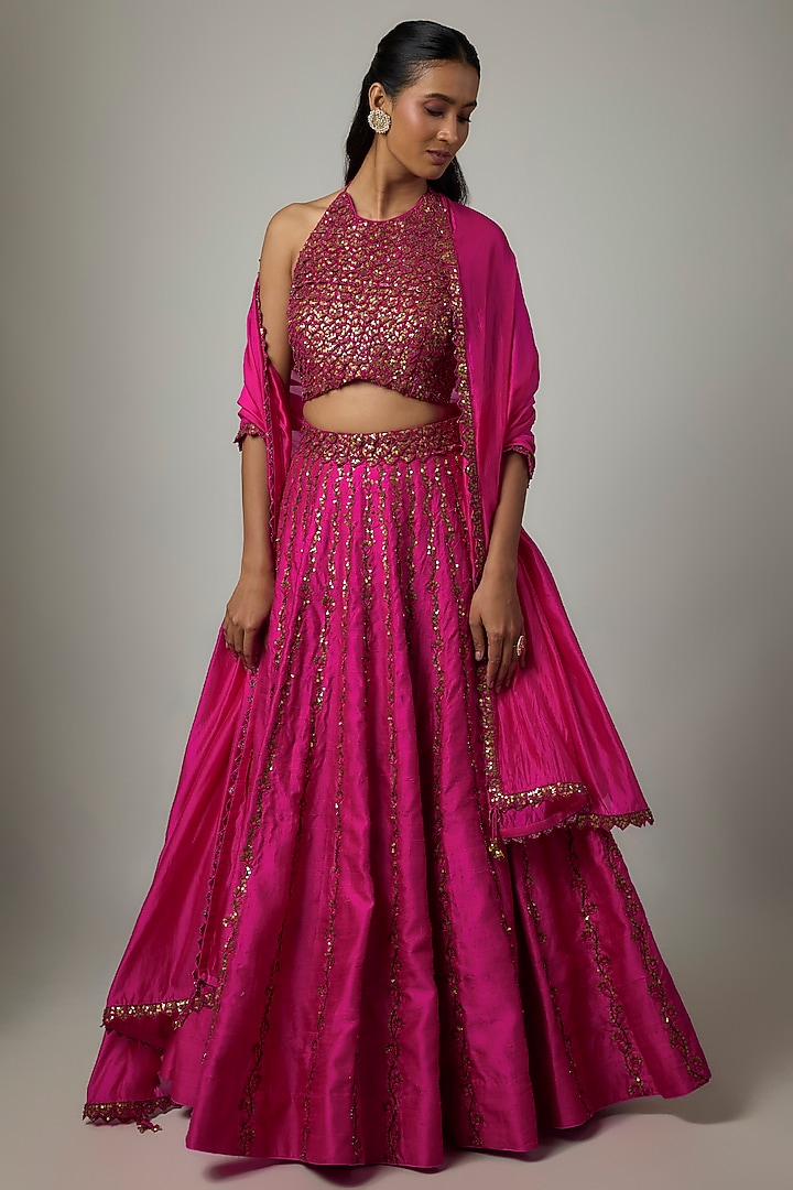 Gulabi Gulaal Raw Silk Resham Embroidered Wedding Lehenga Set by Punit Balana at Pernia's Pop Up Shop