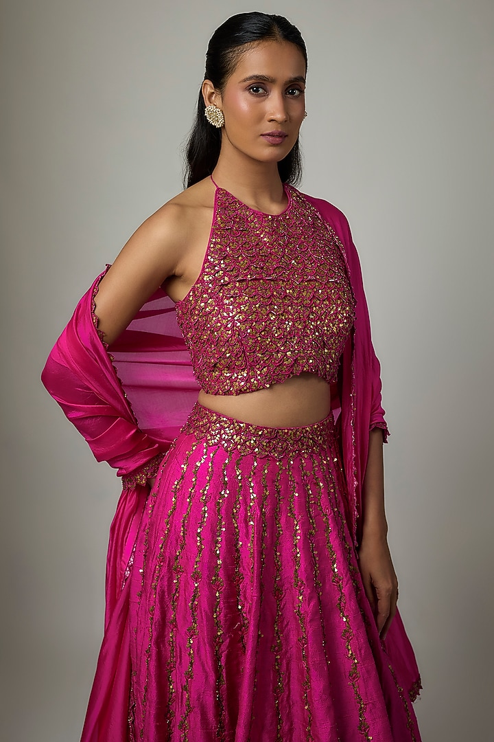 Gulabi Gulaal Raw Silk Resham Embroidered Wedding Lehenga Set by Punit Balana at Pernia's Pop Up Shop