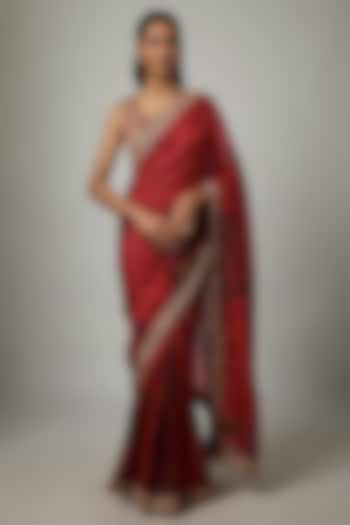 Surkh Lal Organza Silk Printed Wedding Saree Set by Punit Balana at Pernia's Pop Up Shop