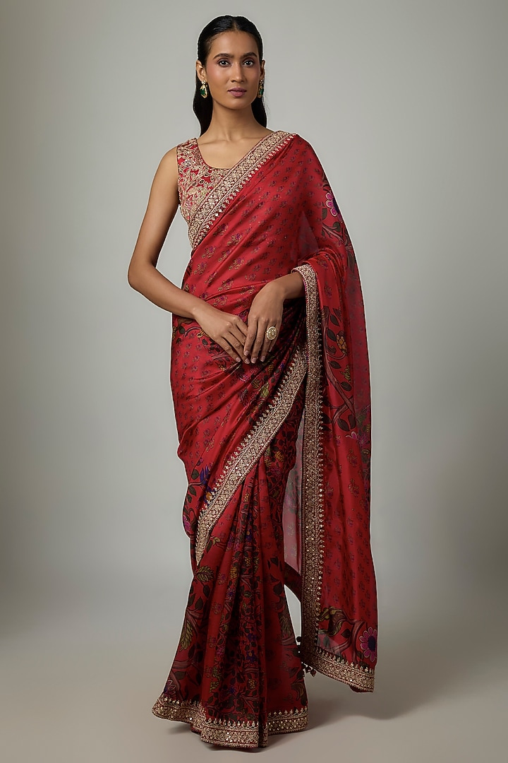 Surkh Lal Organza Silk Printed Wedding Saree Set by Punit Balana at Pernia's Pop Up Shop