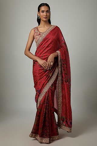 Surkh Lal Organza Silk Printed Saree Set by Punit Balana