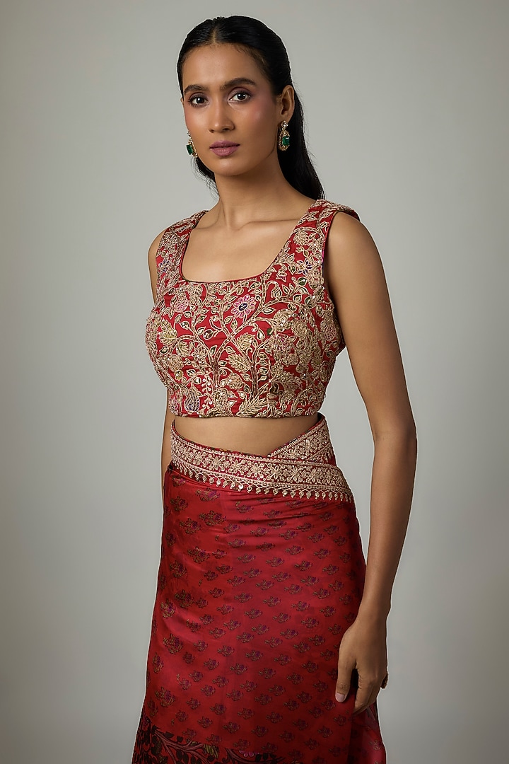 Surkh Lal Organza Silk Printed Wedding Saree Set by Punit Balana at Pernia's Pop Up Shop