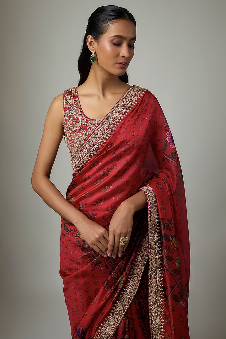 Surkh Lal Organza Silk Printed Wedding Saree Set by Punit Balana at Pernia's Pop Up Shop