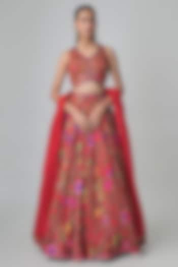 Red Satin Silk Floral Printed & Resham Embroidered Wedding Lehenga Set by Punit Balana at Pernia's Pop Up Shop