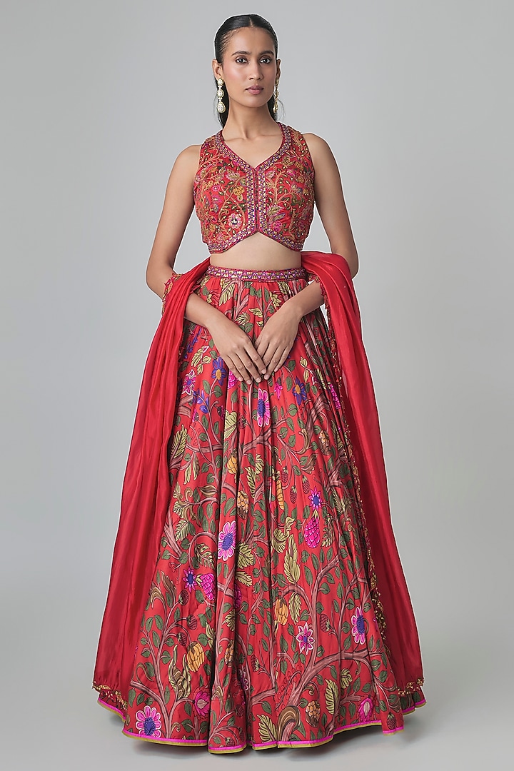 Red Satin Silk Floral Printed & Resham Embroidered Wedding Lehenga Set by Punit Balana at Pernia's Pop Up Shop