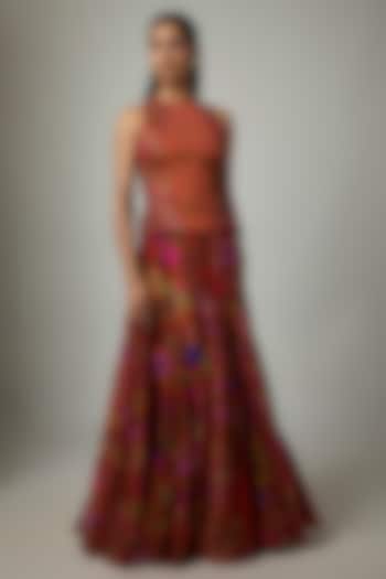 Surkh Lal Chanderi Silk Floral Printed Mermaid Skirt Set by Punit Balana at Pernia's Pop Up Shop