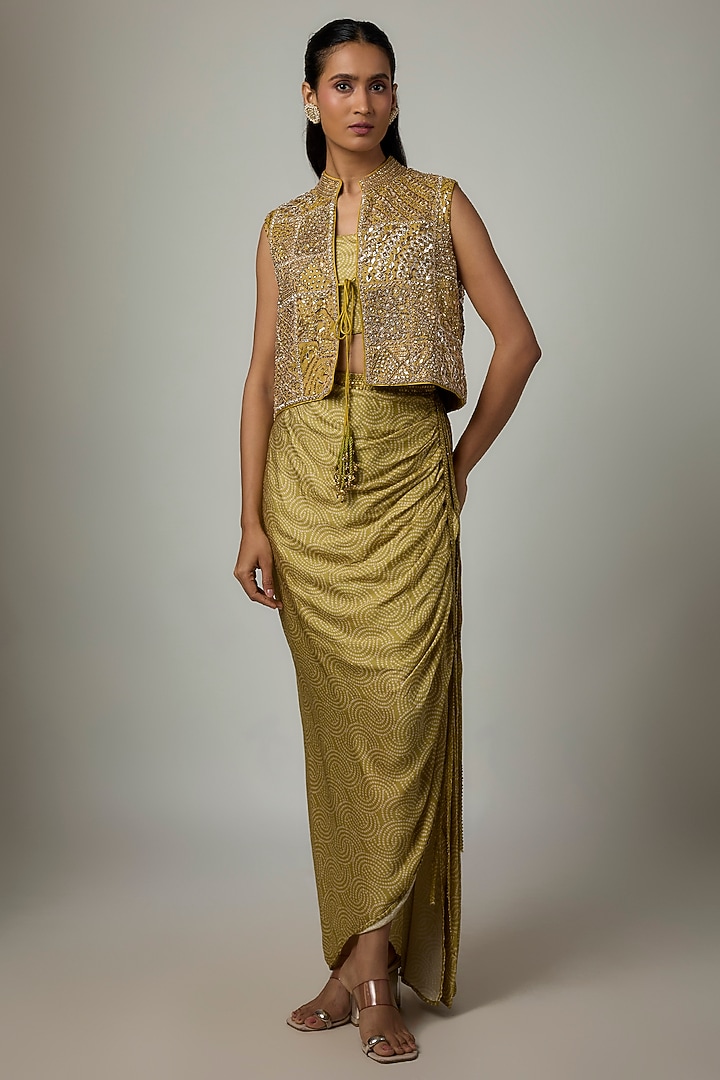 Heena Green Satin Silk Draped Skirt Set by Punit Balana at Pernia's Pop Up Shop