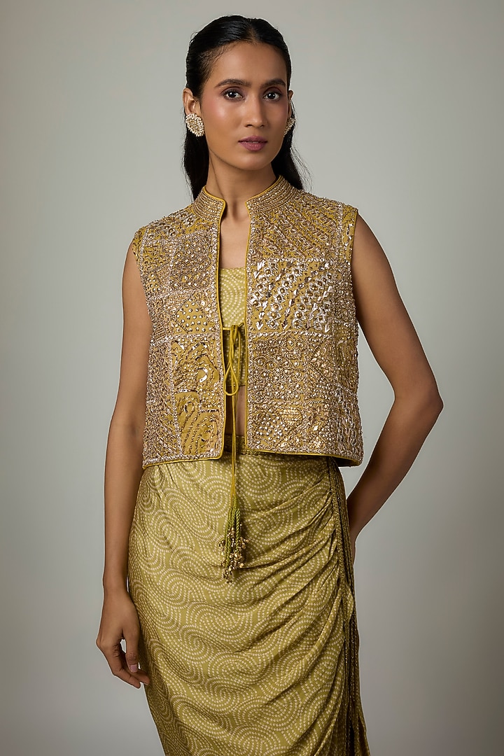 Heena Green Satin Silk Draped Skirt Set by Punit Balana at Pernia's Pop Up Shop