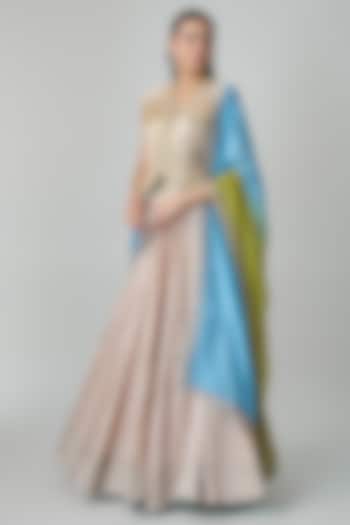 Dusky Pink Silk Chanderi Wedding Lehenga Set by Punit Balana at Pernia's Pop Up Shop