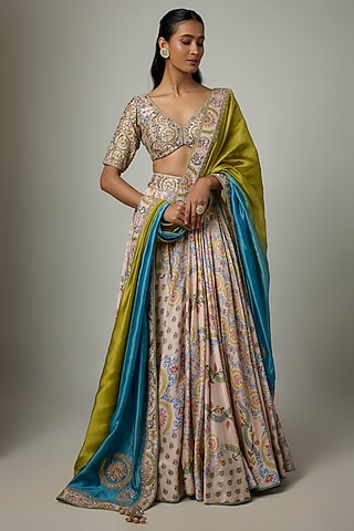 Buttercup Silk Chanderi Motifs Embroidered Lehenga Set by Punit Balana
