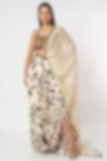 Beige Chanderi Silk Printed Skirt Set by Punit Balana