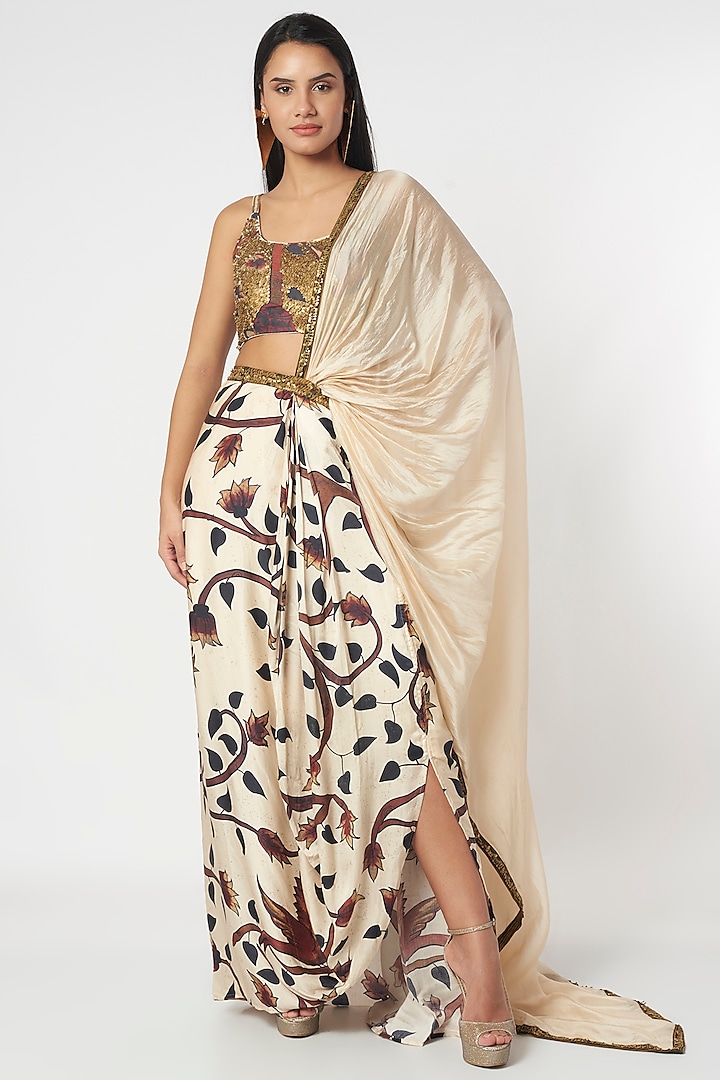 Beige Chanderi Silk Printed Skirt Set by Punit Balana