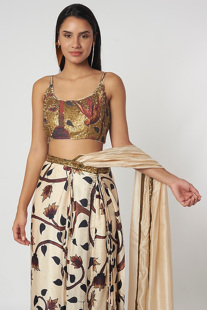 Beige Chanderi Silk Printed Skirt Set by Punit Balana at Pernia's Pop Up Shop