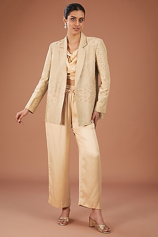 Gold Satin Silk & Chanderi Silk Resham Work Jacket Set by Punit Balana