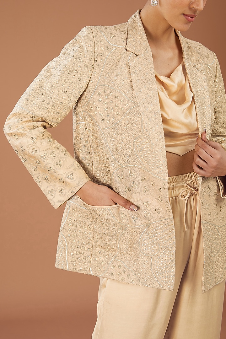 Gold Satin Silk & Chanderi Silk Resham Work Jacket Set by Punit Balana at Pernia's Pop Up Shop