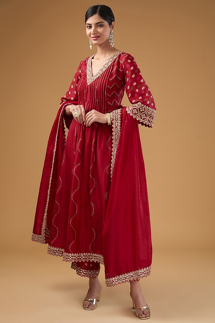 Red Silk Dori Embellished Anarkali Set by Punit Balana