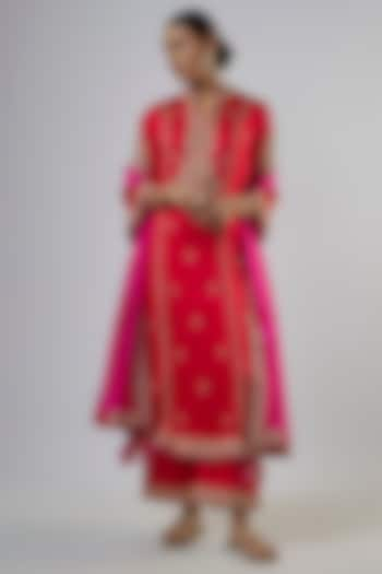 Red Pure Satin Marodi Work Kurta Set by Punit Balana at Pernia's Pop Up Shop