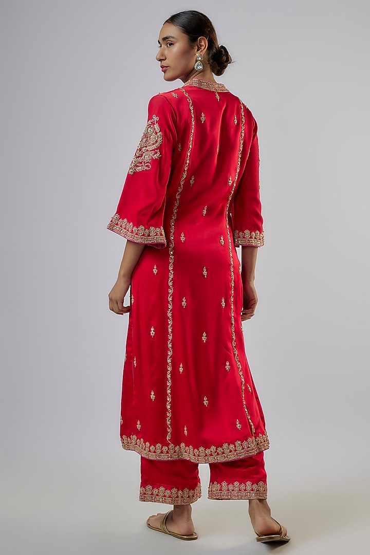 Red Pure Satin Marodi Work Kurta Set by Punit Balana at Pernia's Pop Up Shop