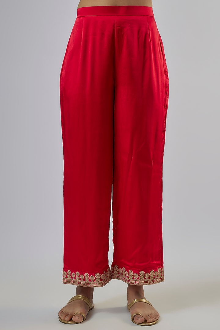 Red Pure Satin Marodi Work Kurta Set by Punit Balana at Pernia's Pop Up Shop