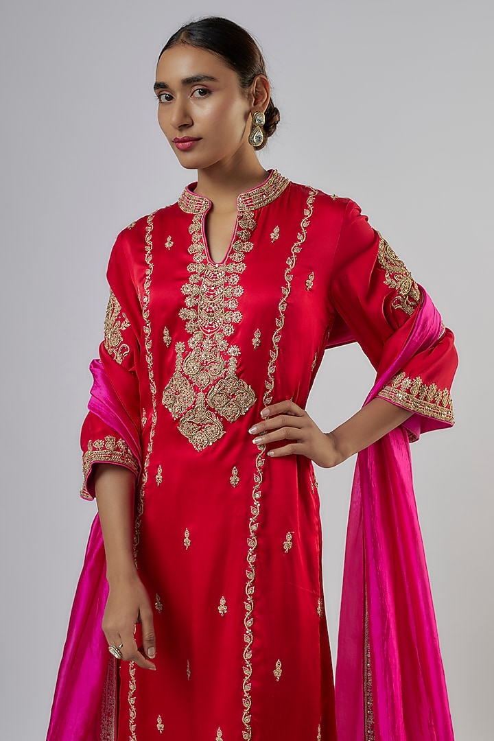 Red Pure Satin Marodi Work Kurta Set by Punit Balana at Pernia's Pop Up Shop