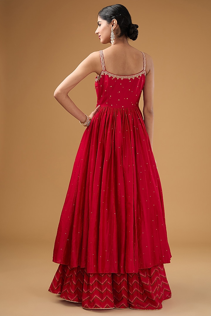 Red Chanderi Silk & Organza Silk Zardosi Work Wedding Anarkali Set by Punit Balana at Pernia's Pop Up Shop
