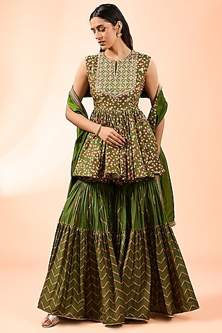 Green Silk Chanderi Bandhani Printed Gharara Set by Punit Balana