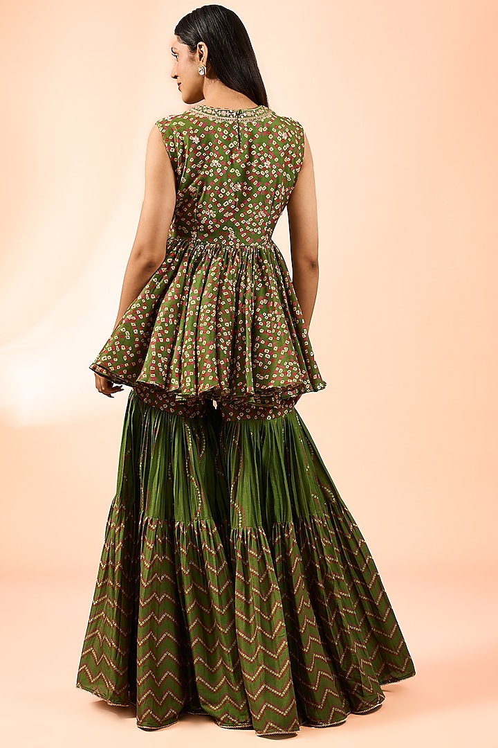 Green Silk Chanderi Bandhani Printed Gharara Set by Punit Balana at Pernia's Pop Up Shop