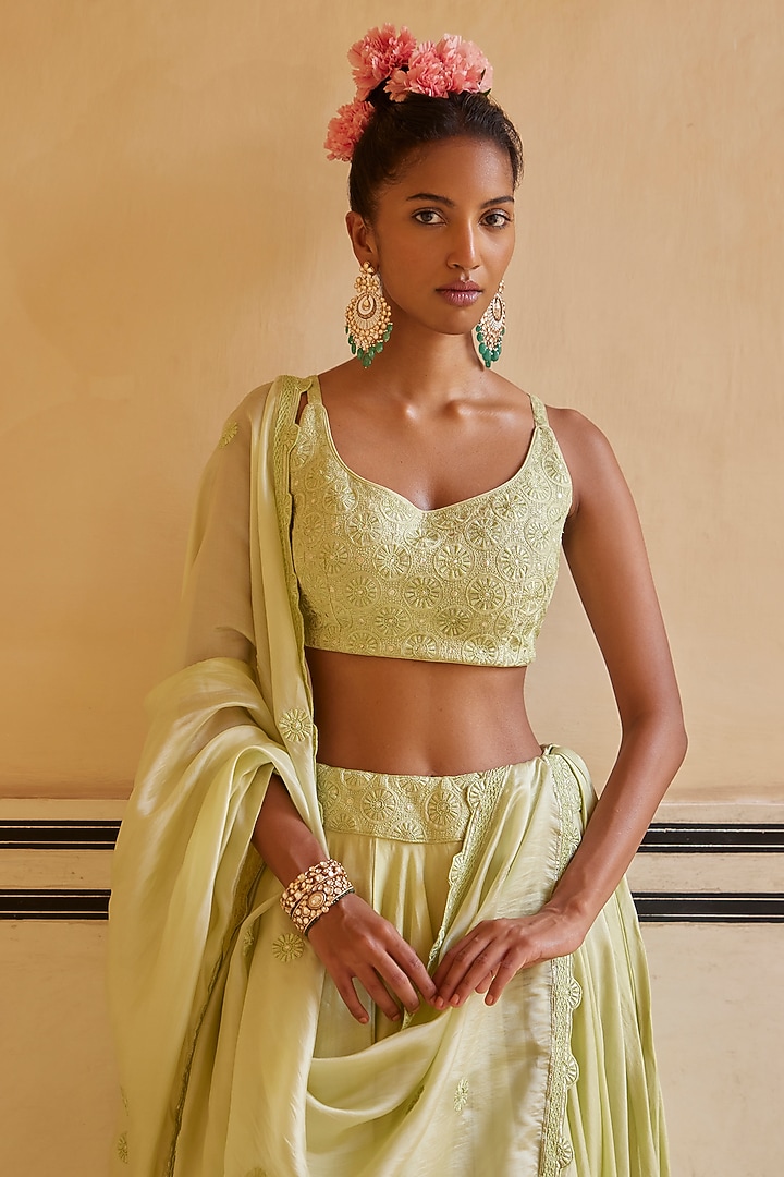 Mint Chanderi Silk & Organza Silk Embroidered Wedding Lehenga Set by Punit Balana at Pernia's Pop Up Shop