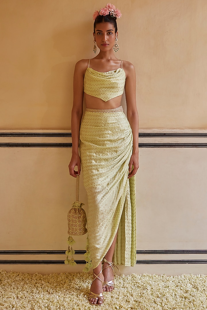 Mint Satin Silk & Organza Silk Embellished Skirt Set by Punit Balana at Pernia's Pop Up Shop