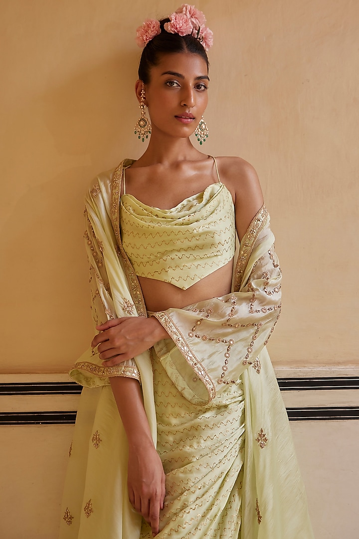 Mint Satin Silk & Organza Silk Embellished Skirt Set by Punit Balana at Pernia's Pop Up Shop