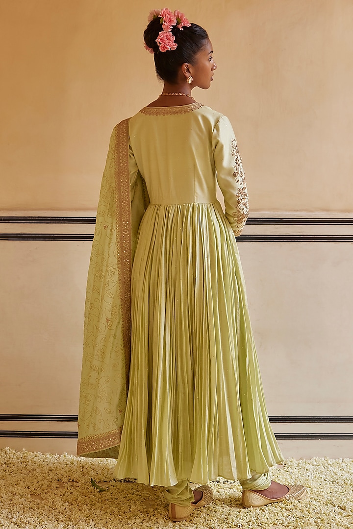 Mint Chanderi Silk & Organza Silk Embroidered Wedding Anarkali Set by Punit Balana at Pernia's Pop Up Shop