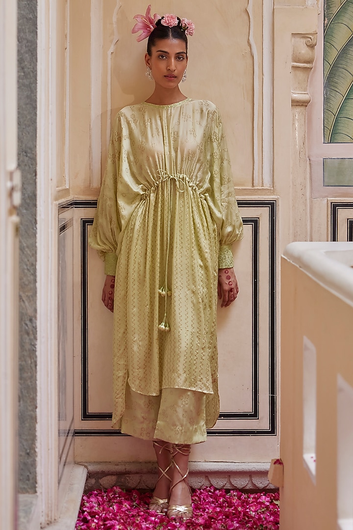 Mint Satin Silk Embroidered & Printed Tunic Set by Punit Balana at Pernia's Pop Up Shop