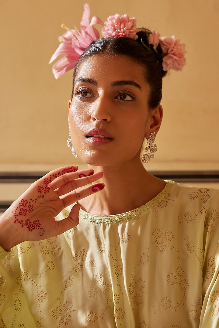 Mint Satin Silk Embroidered & Printed Tunic Set by Punit Balana at Pernia's Pop Up Shop
