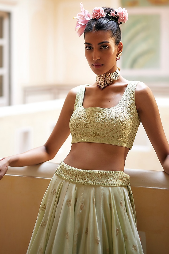Mint Chanderi Silk & Organza Silk Embroidered Wedding Lehenga Set by Punit Balana at Pernia's Pop Up Shop