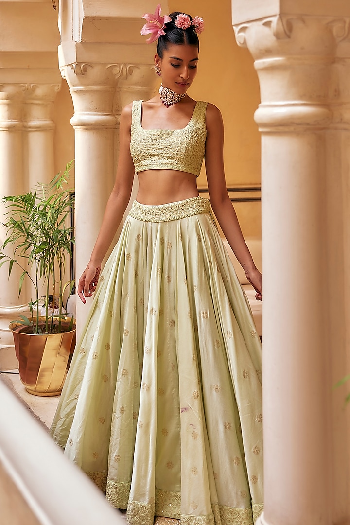 Mint Chanderi Silk & Organza Silk Embroidered Wedding Lehenga Set by Punit Balana at Pernia's Pop Up Shop