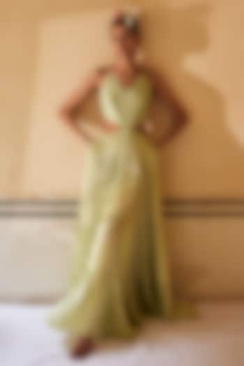 Mint Satin Silk Embroidered Tiered Maxi Cocktail Dress by Punit Balana at Pernia's Pop Up Shop