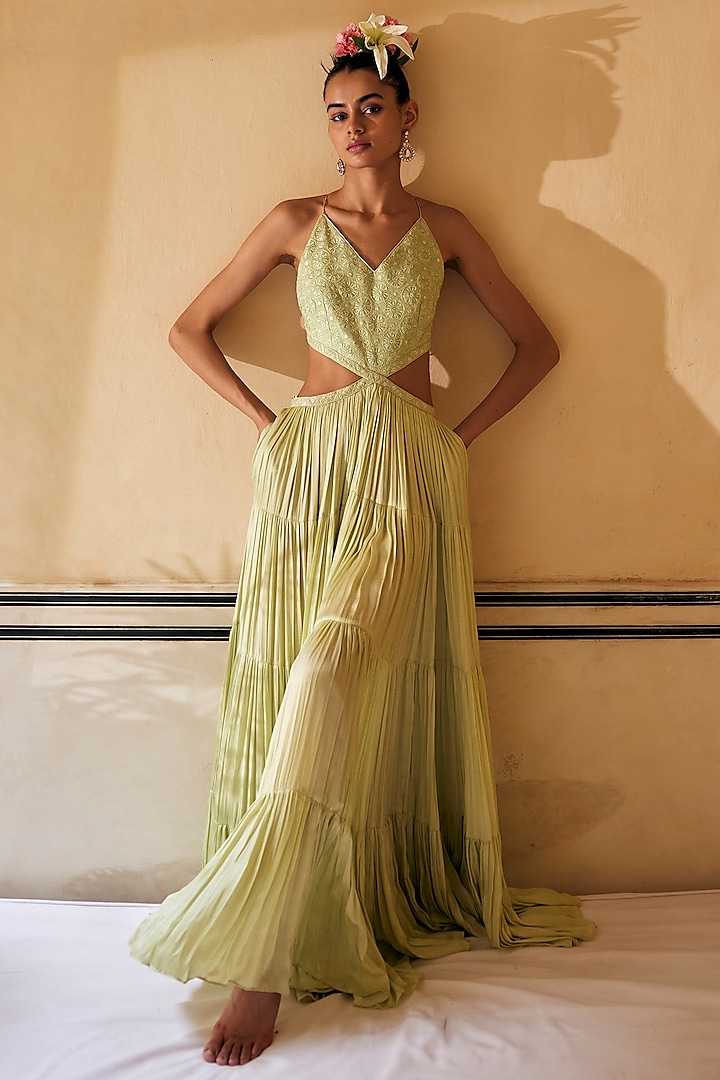Mint Satin Silk Embroidered Tiered Maxi Cocktail Dress by Punit Balana at Pernia's Pop Up Shop