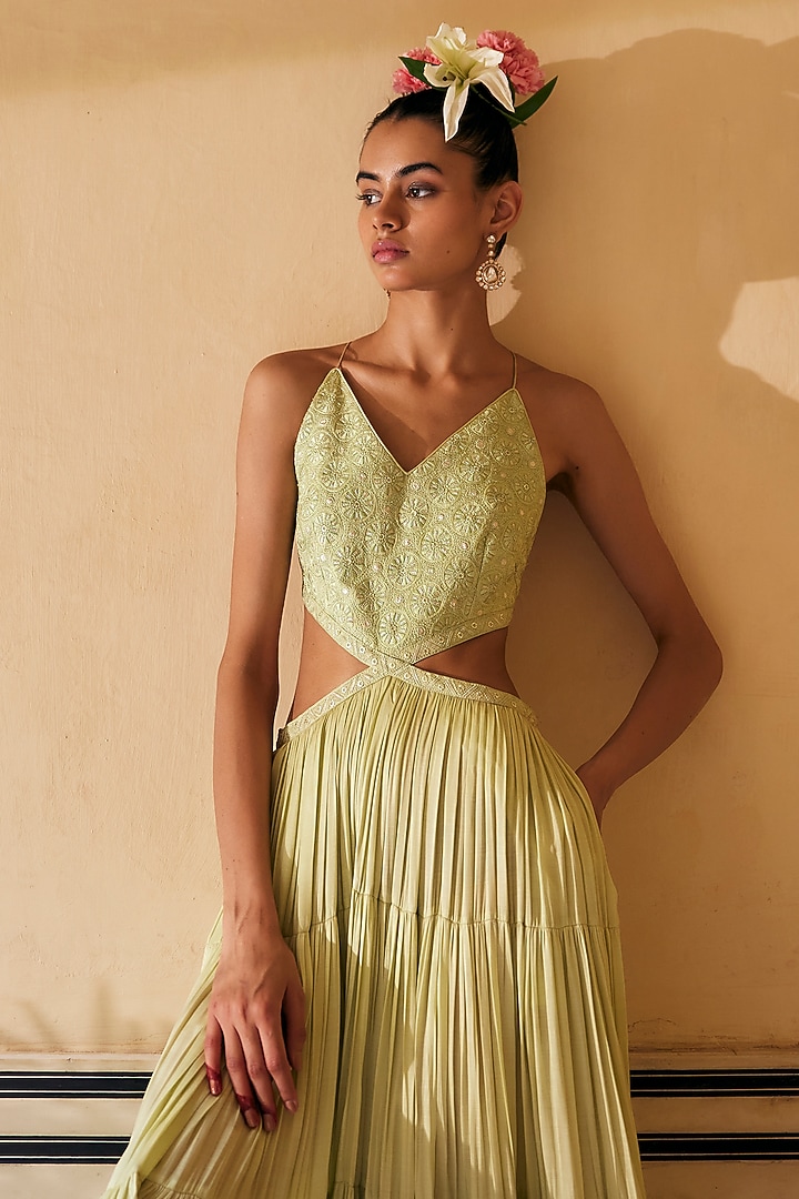 Mint Satin Silk Embroidered Tiered Maxi Dress by Punit Balana at