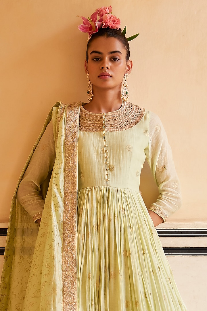 Mint Handloom Chanderi & Organza Silk Embroidered Wedding Anarkali Set by Punit Balana at Pernia's Pop Up Shop