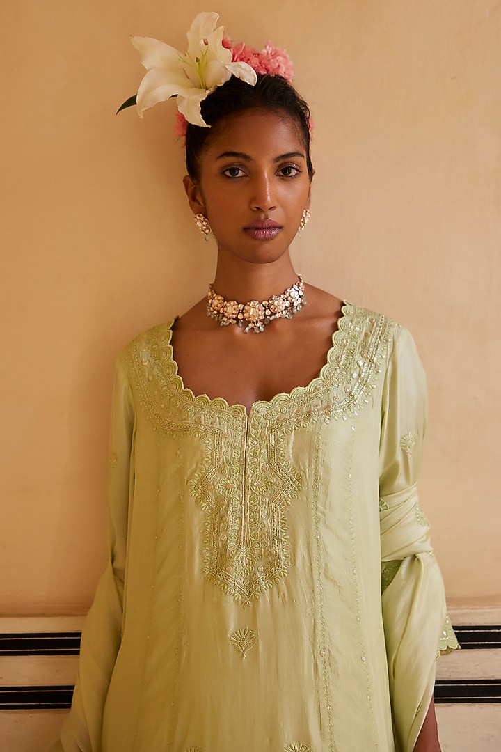Mint Silk & Organza Silk Embroidered Kurta Set by Punit Balana at Pernia's Pop Up Shop