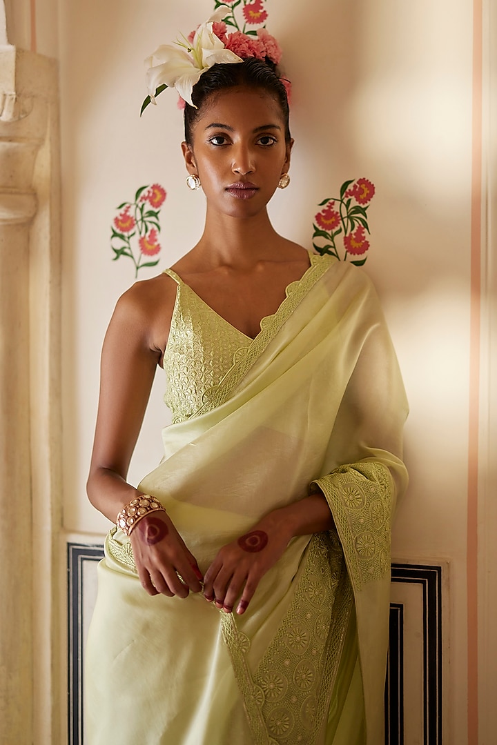 Mint Organza Silk & Chanderi Silk Embroidered Wedding Saree Set by Punit Balana at Pernia's Pop Up Shop