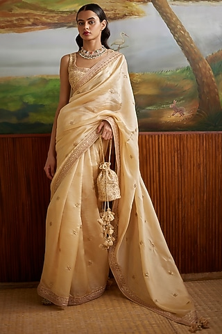 Buttercup Organza Silk & Chanderi Silk Embroidered Saree Set by Punit Balana
